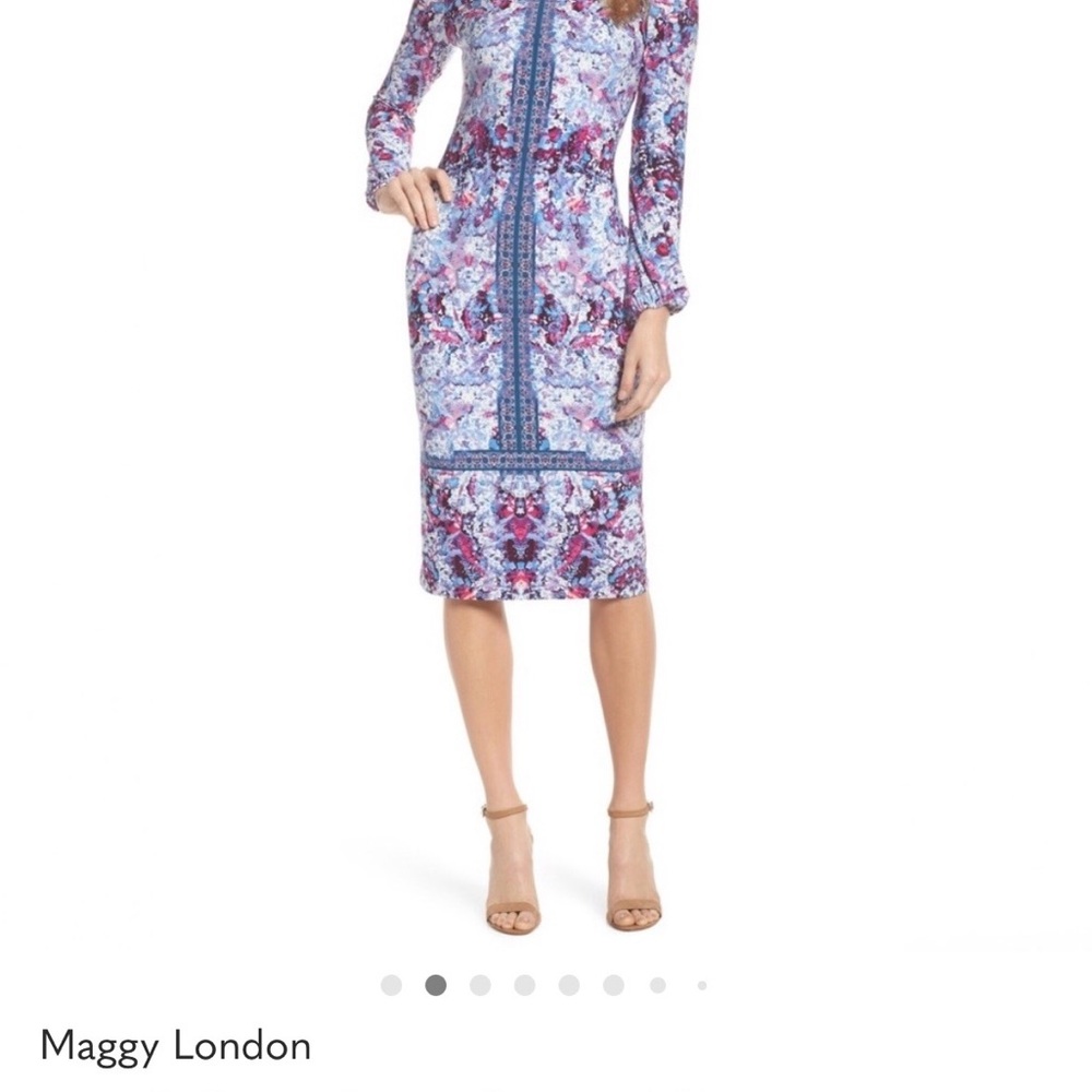 Maggy London Blue and Pink Long-Sleeve Printed Sheath Dress